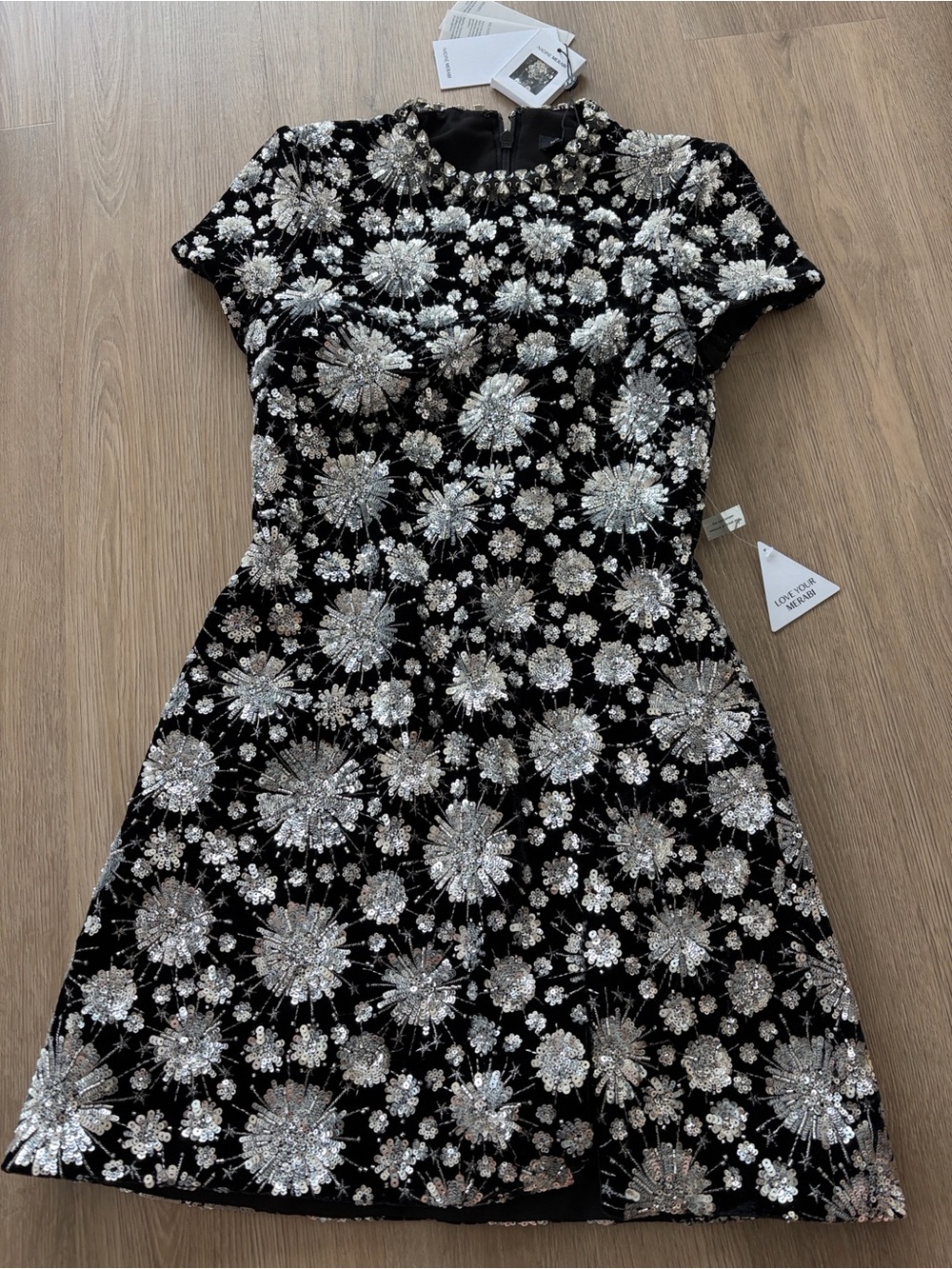 NADINE MERABI Black Dress with Silver Sequin Floral Embellishment